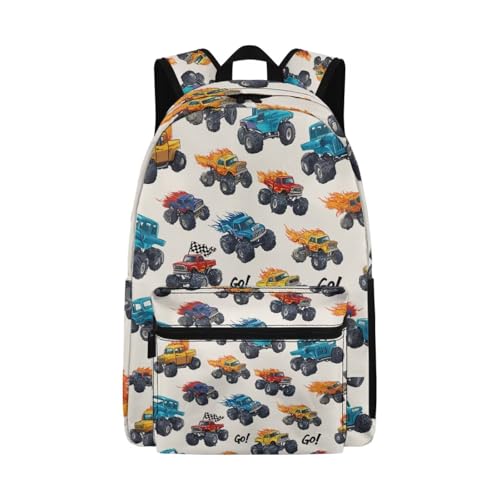 Mochila infantil Monster Truck para meninos da terceira série com estampa divertida, mochila de poliéster macio com bolso frontal com zíper e alças de ombro ajustáveis para escola