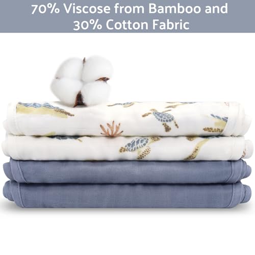 Image of LifeTree Muslin Baby Burp Cloths - 2 Pack 70% Viscose from Bamboo and 30% Cotton Large 22'' by 10.6'' Absorbent Milk Spit Up Rags - Burping Cloths for Newborn, Girls Boys, Sea Turtle & Solid Blue