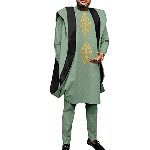 African Clothing for Men Agbada Robe Print Shirts and Ankara Pants 3 Piece Suit for Wedding Evening Outfits