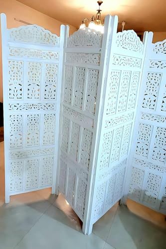 Image of Wooden Room Divider 6 Feet, 4-Panel Folding Wooden Partition for Living Room, Office, Pooja Room, Restaurant, Kitchen & Balcony (2W x 1.82H Meters). (White-Floral Pattern)