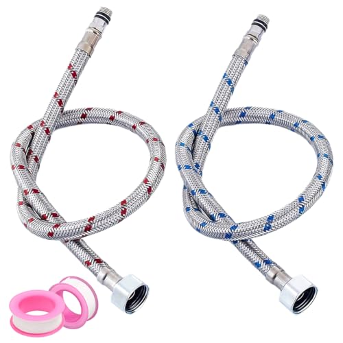 2 Piezas Latiguillos de Fontanería 80 cm G3/8 X M10, Latiguillo Grifo Cocina, Manguera de Conexión Flexible Mangueras de Grifo de Trenzadas con 2 Rollos de Cinta, Resistente a Altas Temperaturas