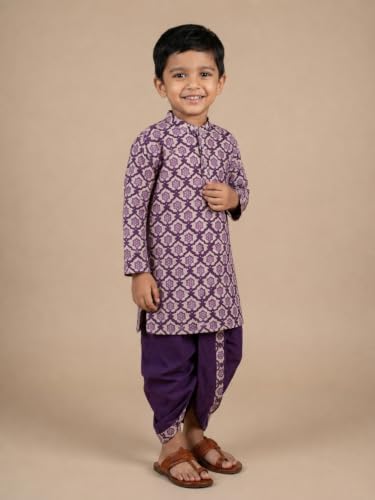 Image of The Mom Store Baby /Kids Boys Dhoti Kurta Set | Dhoti and Kurta | 100% Cotton | Comfortable | Ethnic | Festive Look | Block Prints | Colored Dhoti | Blue