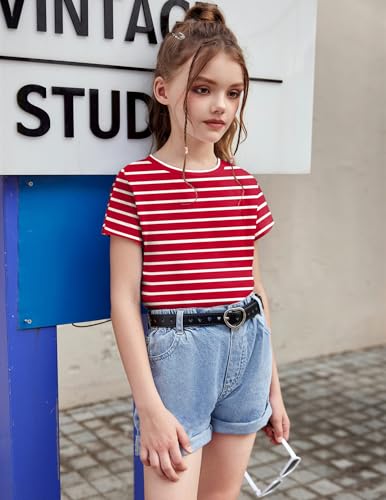 Image of Arshiner Girls Shirt Crop Tops Short Sleeve Summer Drop Shoulder Batwing Sleeve Crewneck Loose T Shirt Tee
