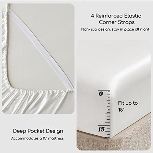 Image of MR&HM Satin Bed Sheets, Queen Size Sheets Set, 6 Pcs Silky Bedding Set with 15 Inches Deep Pocket for Mattress (Queen, Ivory)