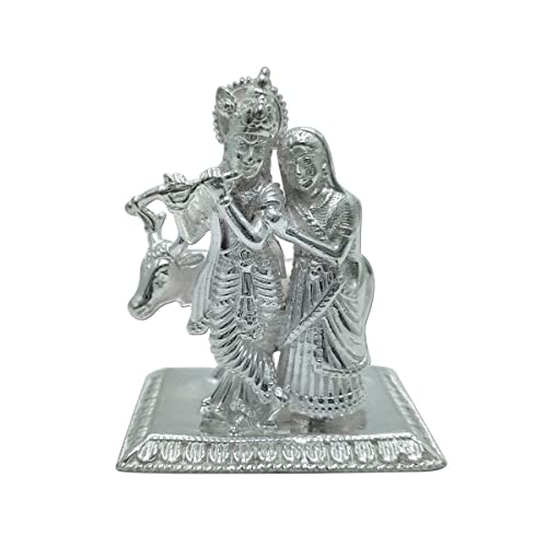 Image of MAA SILVER Pure Silver Radha Krishna BIS Hallmarked Solid Idol /Murti Playing Flute with Cow & Rectangle Base Perfect for Gifting & Pooja Use (925 Purity)(230 Grams Silver)