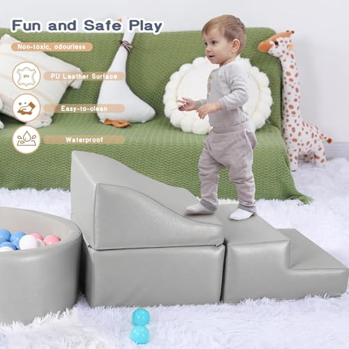Image of Hoohtoot Foam Climbing Blocks for Toddler: with 4-Piece PU Leather Climbing Toys and a Ball Pit - Foam Ball Pit for Toddlers - Climbing Toys Indoor for Kids Crawling