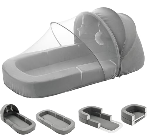 Image of Todldler Baby Travel Bassinet Bed & Chair, Fold Out Sofa Couch Lounger with 2-1 Mosquito & Canopy, Foldable Portable Travel Cot with Foam Raised Safety Bumpers for Infant Toddlers 0-36 Months (Grey)