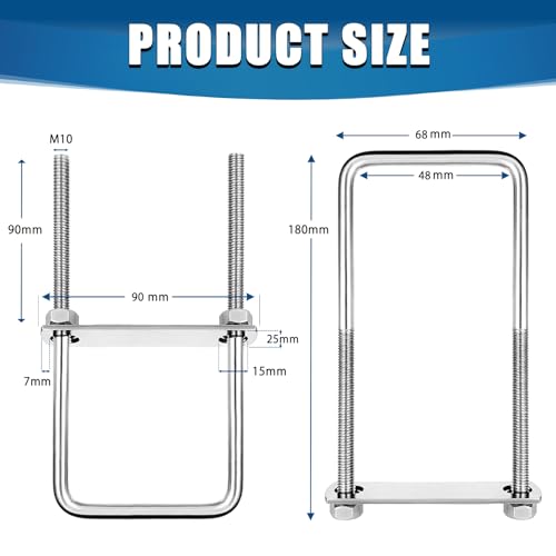 Image of U-Bolts 4 Sets 1.97 inch(50mm) Inner Width 180mm Length Steel M10 with Nut, Plate, Washer，Feylan Square U-Bolts, Ski Boat, or Sailboat Trailer