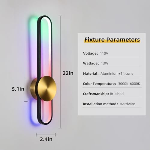 Image of JAYMP RGB Modern Wall Sconce Dimmable LED Wall Light Fixture with Remote & APP, Hardwired Wall Lamp for Living Room, Dining Room, Bedroom, Hallway, Entryway, 1 Pack (Brushed Black,RGB, H56cm /22inch)