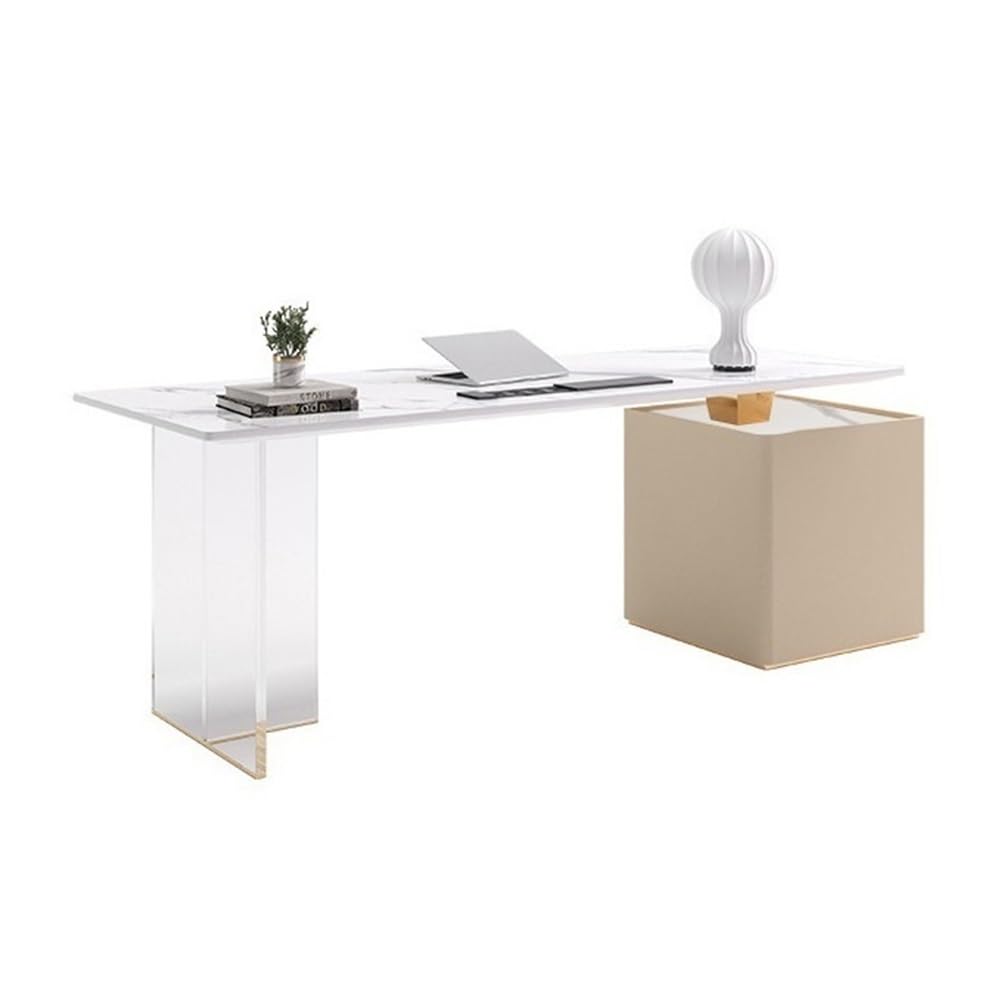 Scrivania per PC Scrivania moderna for ufficio domestico con 2 cassetti, postazione di lavoro, presa ricarica, piano in pietra e gamba in acrilico(Gold,L)