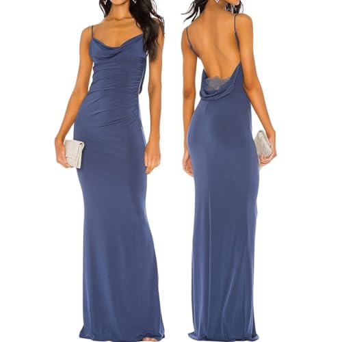 MAHUAOYIXI Vestito Lungo Donna Aderente Scollo a V Ragazza Estivo Senza Maniche Trasparente Senza Spalline Bodycon Elegante Abito da Cocktail Sera Casual Cerimonia (Blu, S)