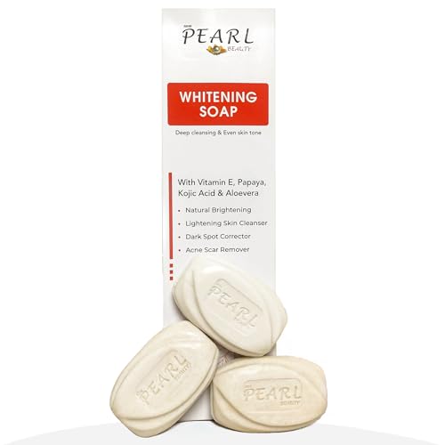 Image of Pearl Whitening Soap with Kojic Acid & Papaya | Skin Brightening Bar for Dark Spots, Acne Scars, Pigmentation | Deep Cleanser for All Skin Types | 3 x 75g Soaps