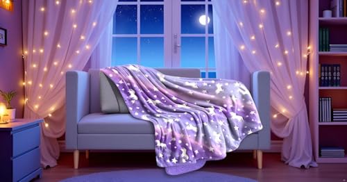 Image of Glow-in-The-Dark Kids Blanket a€ inch Polar Fleece Soft Lightweight Single Bed Blanket with Unicorn Jacquard Print, Multicolor (Unicon Purple)