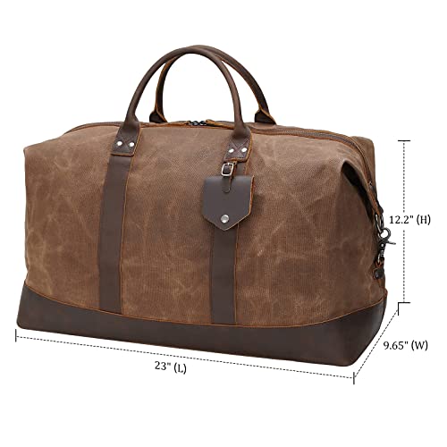 Polare 23” Waterproof Travel Duffel Bag Waxed Canvas Cowhide Leather Trim Luggage Weekender Overnight Carry on Bag Brown