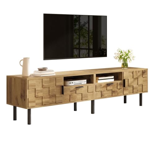 Meuble TV bas mosaïque en bois et métal avec 2 portes et 2 tiroirs