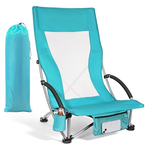 WildFun Klappstrandstuhl Niedrig Leichter Tragbarer Camping- & Angelstuhl mit Hoher Rückenlehne Getränkehalter Trägt bis 100 kg für Reisen Outdoor Grillen Picknick Festival (1PCS Blau)