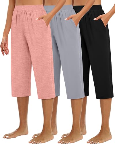 Huukeay 3 Pack Womens Capri Sweatpants Cozy Wide Legs Cropped Capri with Pockets Lounge Jogger Pants Workout Yoga Solid(Small Black Coral Pink Light Gray)