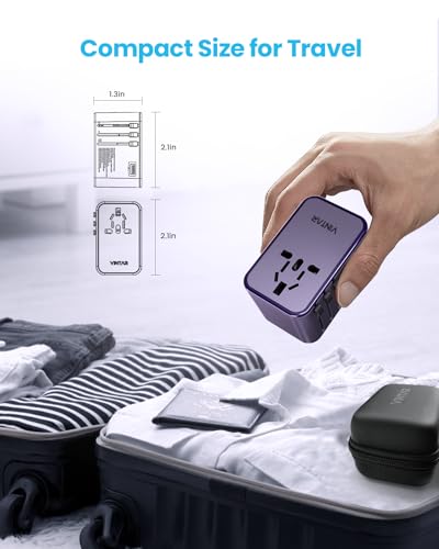 Universal Travel Adapter, VINTAR 75W GaN International Power Adapter with 3 USB C PD and 2 USB A QC, All in One Travel Essentials for UK/EU/USA/AUS, Travel Adapter Worldwide for Laptops Phones, Purple
