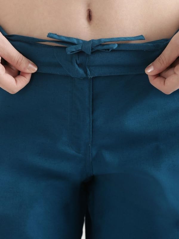 Image of SAADAA Women's Airy Linen Straight Pants | Regular Fit Trousers | Half Elasticated with Drawstrings & Buttons | 4 Pockets | Everyday & Office Wear