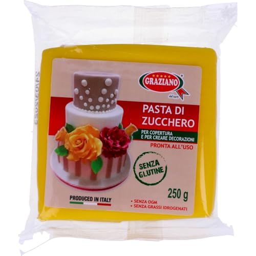 Graziano, Pasta di Zucchero Gialla, Pasta Morbida ed Elastica Perfetta per la Copertura della Torta, facile da Stendere e da Colorare, Senza Glutine e Senza Grassi Idrogenati, 250 g