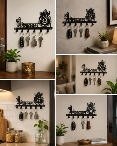 Image of Ventuos Metal Wall Mounted Key Holder with 6 Hooks, Ganesh Design, Key Organizer for Home Office Bedroom Entryway