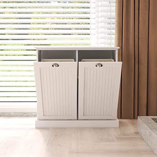 RASOO Double Tilt Out Trash Cabinet White Free Standing Laundry Sorter Cabinet with Removable Two-Compartment Tilt-Out Hamper Clothes Basket - Thumbnail 7