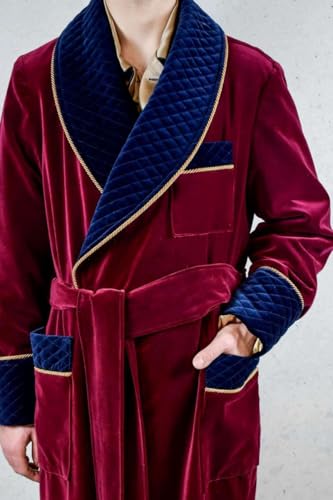 Men's Quilted Shawl Lapel Blazer for Prom Velvet Long Smoking Jacket with Belt Wedding Double Breasted Cigar Robe2