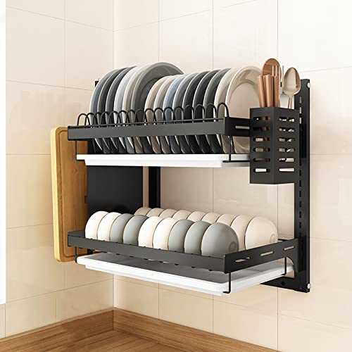 Escurridor de platos con bandeja de goteo de acero inoxidable montado en la pared, con soporte para cubiertos y ganchos, suministros de cocina para frutas, verduras, platos, cuencos, tazas, estante de