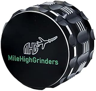 Herb Grinder by MileHighGrinders. Large 2.5''. Anodized Aircraft Aluminium. Magnetic Lid. No-Slip Grip, Non-Stick. No Flaking Ultrasharp Teeth. 4 Piece with mesh and Pollen Layers. (Black)