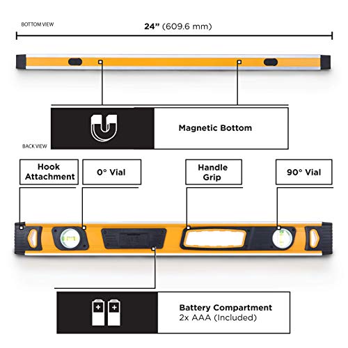 Motorhead 24-Inch 0° - 180° Smart Digital Level, Lcd Screen, Audible Alerts, Water, Dust & Shock Resistant, Magnetic Bottom, Includes Bag, High-Visibility, Solid-Milled Aluminum, Usa-Based Support #TOP5
