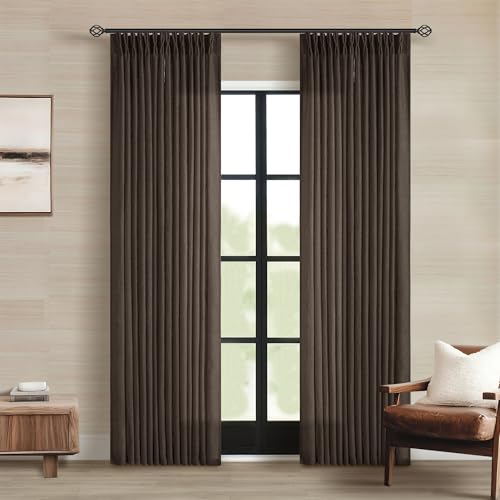 TWODRAPES Dark Chocolate Pinch Pleated Linen Curtains 2 Panels for Living Room Bedroom Memory Training Shaped Semi Sheer Pleat Drapes with Hooks Rings Light Filtering Window Curtain 40x84