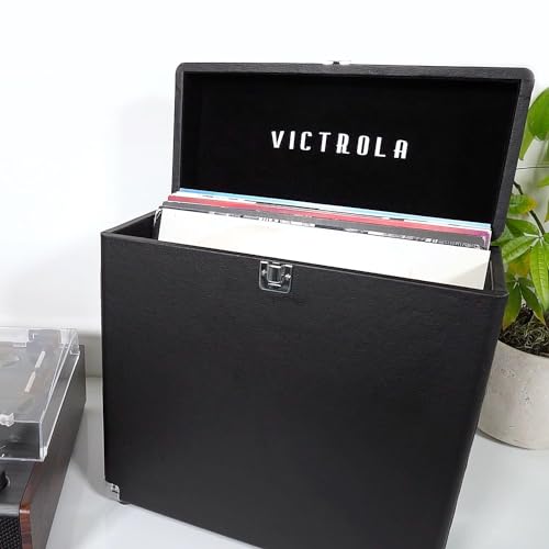 Image of Victrola Collector - Vinyl Record Storage Case, Holds 30+ LPs - Black | Vinyl record storage case, holds 30+ LPs (33 /45 /78), corner guards, heavy-duty hinges, dust and scratch protection