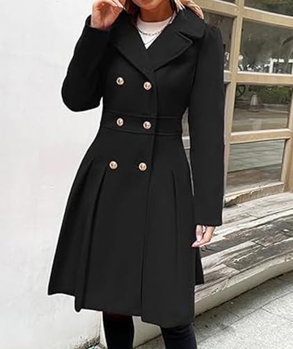 Image of Sexyshine Women's Double Breasted Trench Coat Notch Lapel A-Line Slim Flared Pleated Wool Blend Pea Coat with Pockets