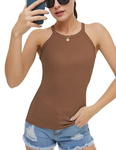 Anygitting Padded Built In Bra Cup Racerback Tank Top For Women High Neck Ribbed Halter Tank Top Camisole With Bra For Legging Sports Yoga #TOP4