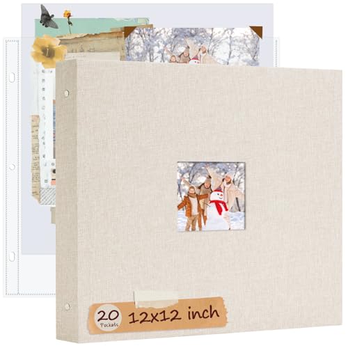 Hiwhy 12x12 Inch Large 3 Ring DIY Scrapbook Photo Album Linen Cover Scrapbook with 20 Sheets Plastic Sleeves 40 Pages Memory Book for Wedding Birthday Baby Family (Beige)