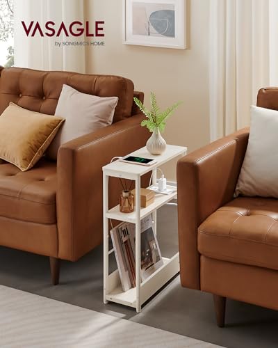 VASAGLE Beistelltisch schmal, Nachttisch mit Ladefunktion, Couchtisch klein, 3 Ablagen, Zeitschriftenhalter, für Wohnzimmer, Schlafzimmer, Arbeitszimmer, cremeweiß LET335W02