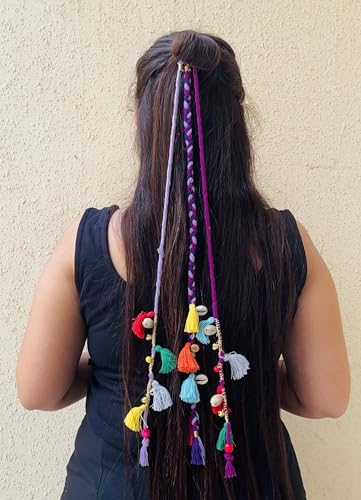 Image of Zippy Flora Boho Handmade Colorful Hair Strings for Navratri, Ethnic Look & Bohemian Styling, Braided Thread Hair Accessories & Hair Extensions, Full Length 20-22 Inch, Purple