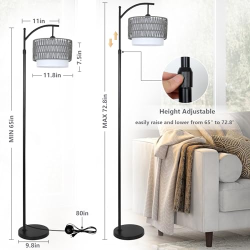 Image of eyassi Floor Lamps for Living Room, Arc Standing Lamp with Remote & Dimmable Bulb, Boho Rattan Floor Lamp for Bedroom with 3 Color Temperatures, Farmhouse Tall Lamp, Height Adjustable Stand up Lamp