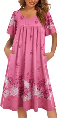Image of Ekouaer Women's House Dress - Pleated Nightgown with Short Sleeves & Pockets