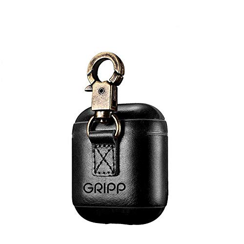 GRIPP® Lepro Genuine Leather AirPods Carrying Case with Metal Clasp Keychain Hook for AirPods (1st & 2nd Generation) | Shockproof 360° Protection, Wireless Charging Support, Durable & Stylish - Black