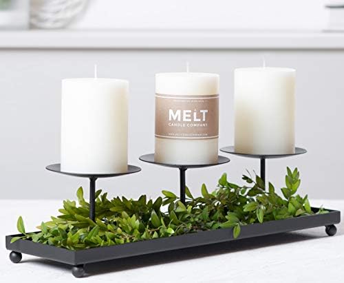 Candles Pillar Holder Tray Black Metal Base for Desk Top Decoration Table or Mantel Centerpiece in Dining & Living Room, Candelabra for Pillar & Sphere Candles, flameless LED (Set of 3)
