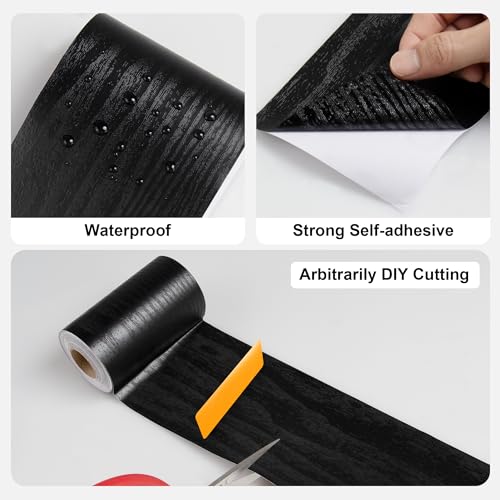 Image of JUNART Wood Grain Repair Tape(10cmx1000cm), Self-Adhesive Waterproof Realistic Textured Repair Duct Tape for Tables, Baseboards, Doors, Windows, and Floors with Plastic Scraper(Black Wood)