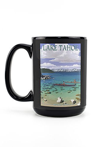 Lake Tahoe, Kayakers in Secret Cove (15oz Black Ceramic Coffee and Tea Mug, Dishwasher and Microwave Safe)