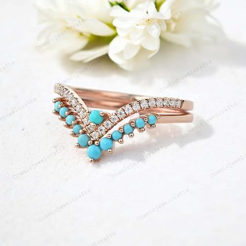 Vintage Turquoise Crown Wedding Band 14K Rose Gold Proposal Ring December Birthstone Women's Day Gift Elegant Bridal Matching Stackable Band BY COSMICJEWELCRAFTS4