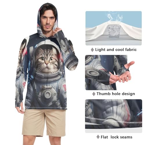 xigua Astronaut Cat Men's UPF 50+ Sun Shirts Quick Dry Sun Protection Hoodie With Long Sleeve 1514