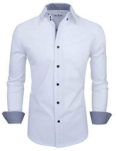 TAM WARE Mens Classic Slim Fit Contrast Inner Long Sleeve Dress Shirts TWNMS314-1-317-WHITE-US XL