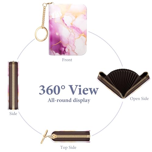 Image of Credit Card Holder RFID Wallet for Women, Small Leather Card Organizer Case with Zipper and Keychain, Cute Marble