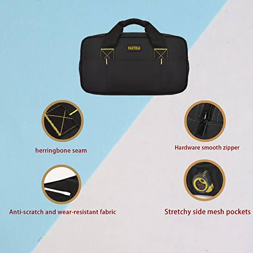 Fastech 14 Inch Small Tool Bag,Wide Mouth Tool Tote Bag,Waterproof Tool Organizer Bag,Electricians Repairman Tools Tote Bag Double Fabric Storage Bag (Black+Blue) #TOP1