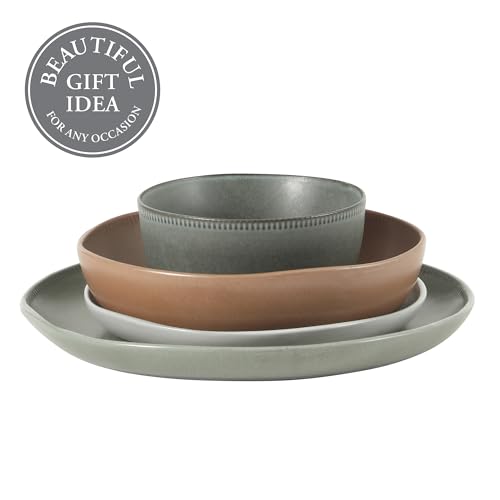 Image of Gibson Elite Menlo Park 16-Piece Pottery Clay Stoneware Dinnerware Set - Assorted Color Reactive Glaze, Organic Shape Embossed Plates and Bowls W /Pasta Bowl, Service for 4 Microwave Dishwasher Safe