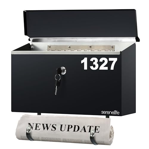 SereneLife Outdoor Wall Mailbox & Newspaper Holder | 0.24 FT Cubic Mailbox | Easy Installation, Secure Lock Mechanism | Ideal for Residential or Commercial Use | Wall Mountable | 15x3x11 in | Black